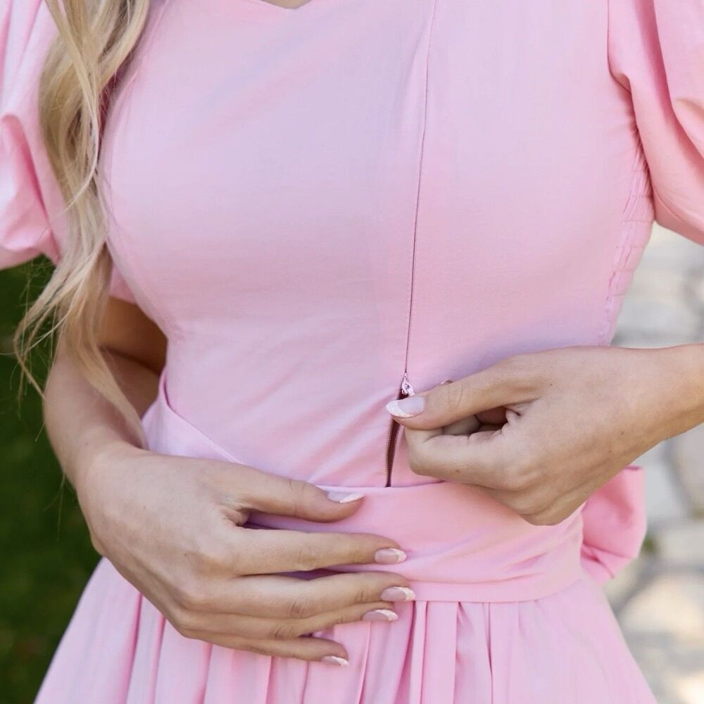 NWT Poet Dress Ode Pink Puff Sleeve Midi Nursing L - Picture 2 of 11